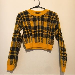 Nasty Gal Yellow Cropped Retro Plaid Sweater
